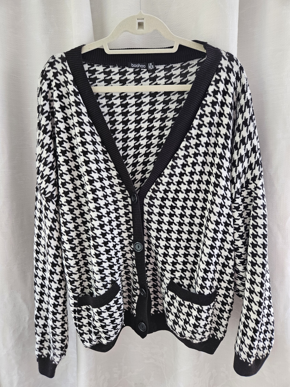 boohoo Black & White Houndstooth Knit Cardigan Sz 16